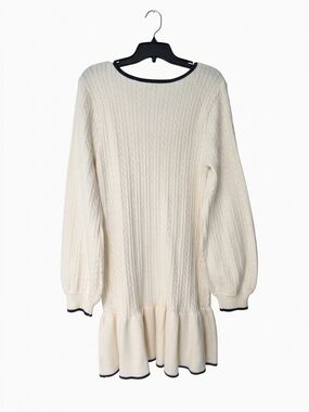 Lulu's Cream Cable Knit Long Sleeve Sweater Dress with Navy Trim